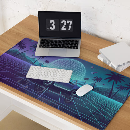 Shelby Cobra Inspired Blue Purple Vaporwave Gaming Mouse Pad, Retro Roadster Desk Mat with Neon Grid, Palm Trees and Futuristic Sunset Artwork