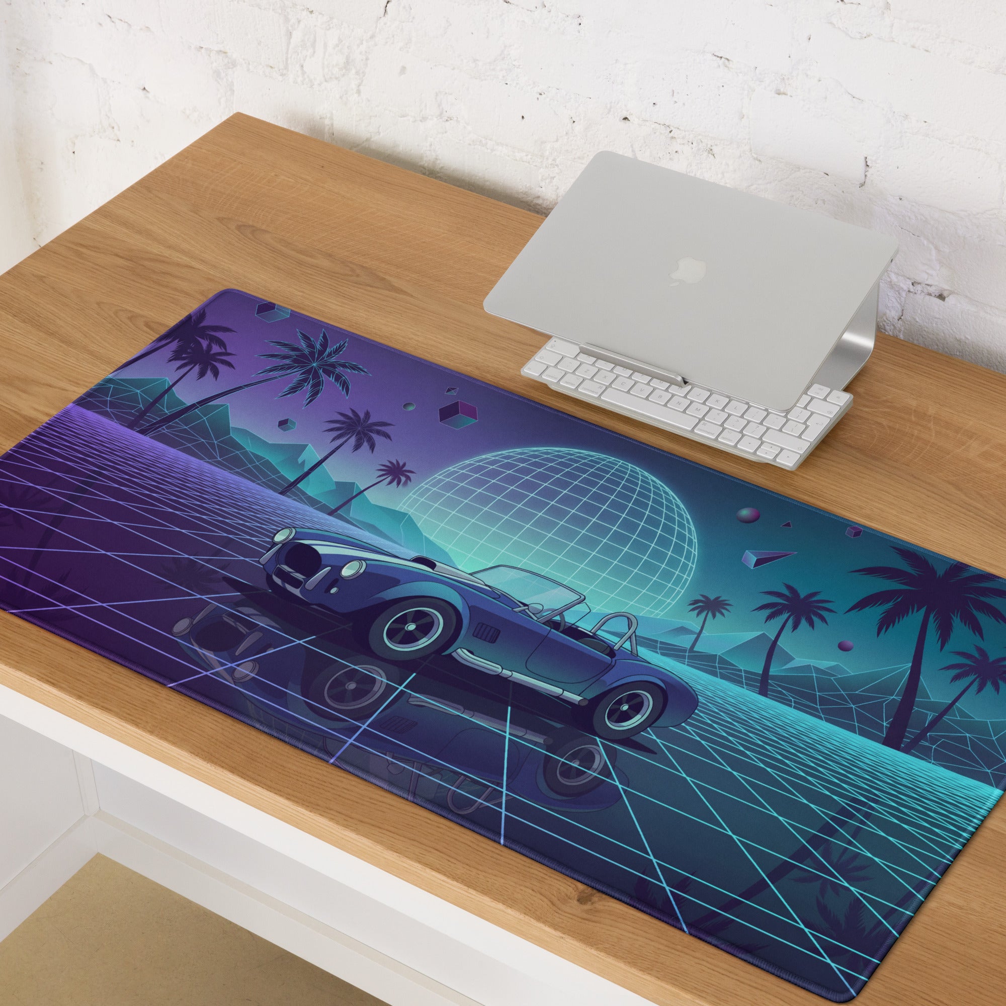 Shelby Cobra Inspired Blue Purple Vaporwave Gaming Mouse Pad, Retro Roadster Desk Mat with Neon Grid, Palm Trees and Futuristic Sunset Artwork