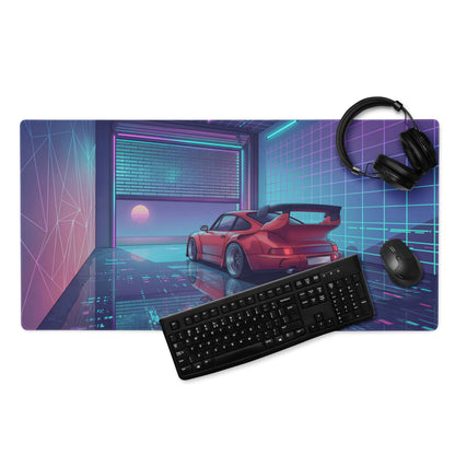 Porsche 911 Turbo 930 Classic Inspired Red Purple Vaporwave Gaming Mouse Pad, Retro Supercar Desk Mat with Neon Cyberpunk Garage Artwork