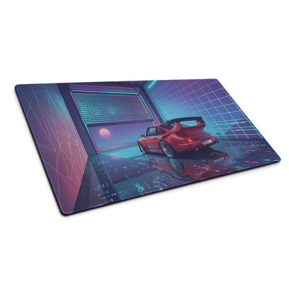 Porsche 911 Turbo 930 Classic Inspired Red Purple Vaporwave Gaming Mouse Pad, Retro Supercar Desk Mat with Neon Cyberpunk Garage Artwork