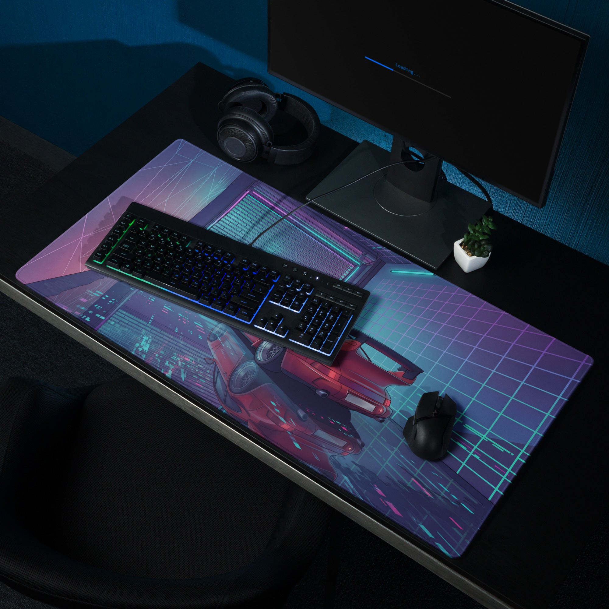 Porsche 911 Turbo 930 Classic Inspired Red Purple Vaporwave Gaming Mouse Pad, Retro Supercar Desk Mat with Neon Cyberpunk Garage Artwork