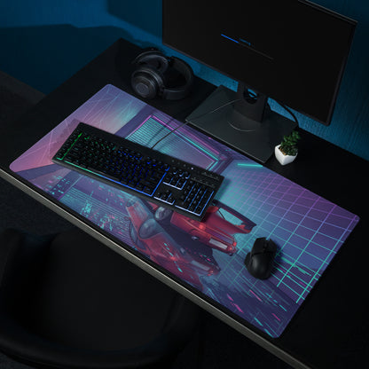 Porsche 911 Turbo 930 Classic Inspired Red Purple Vaporwave Gaming Mouse Pad, Retro Supercar Desk Mat with Neon Cyberpunk Garage Artwork