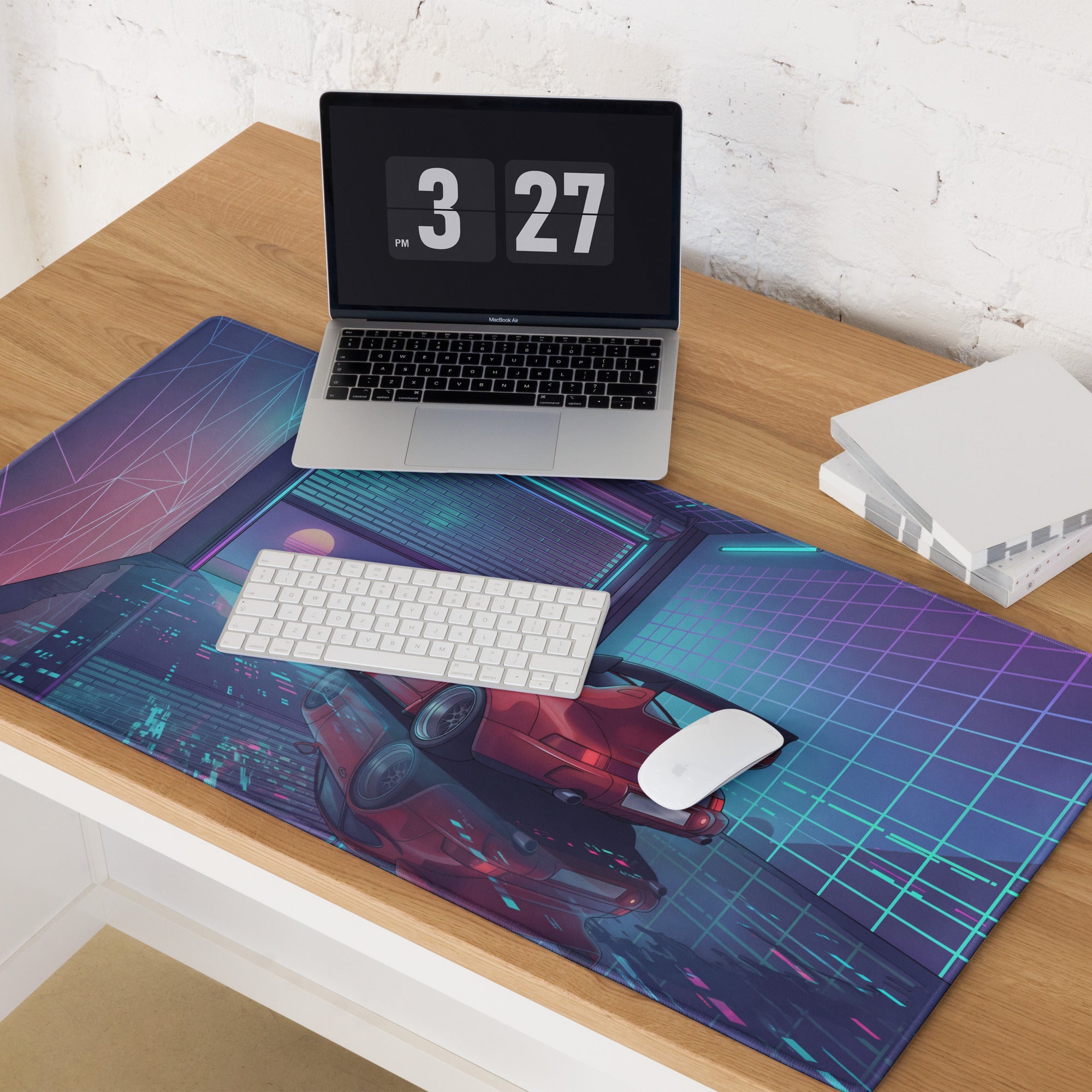 Porsche 911 Turbo 930 Classic Inspired Red Purple Vaporwave Gaming Mouse Pad, Retro Supercar Desk Mat with Neon Cyberpunk Garage Artwork