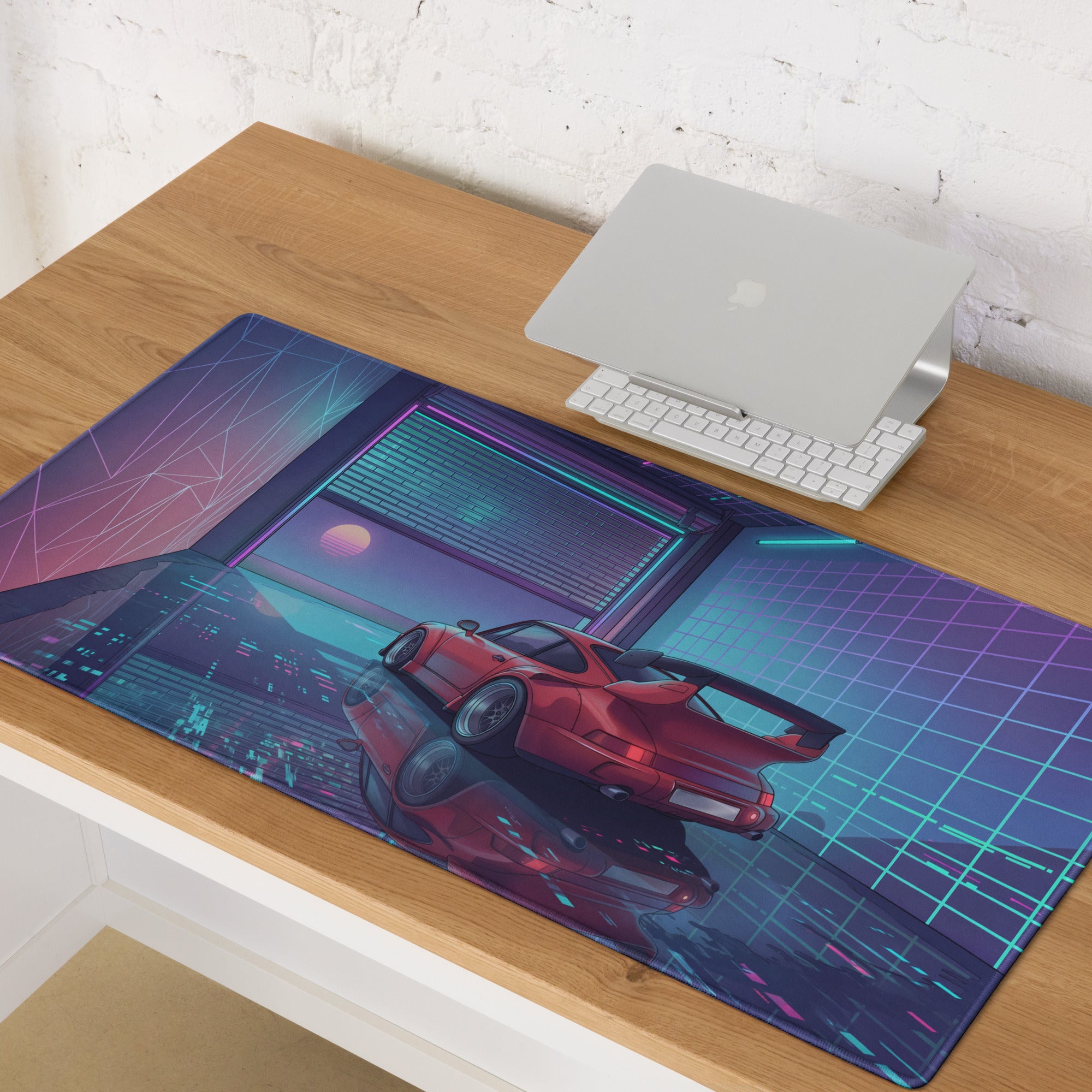 Porsche 911 Turbo 930 Classic Inspired Red Purple Vaporwave Gaming Mouse Pad, Retro Supercar Desk Mat with Neon Cyberpunk Garage Artwork