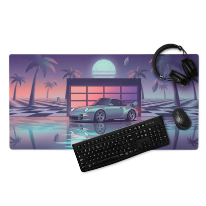 Porsche 911 Carrera 993 Inspired Silver Purple Vaporwave Gaming Mouse Pad, Retro Sports Car Desk Mat with Neon Garage and Palm Tree Artwork