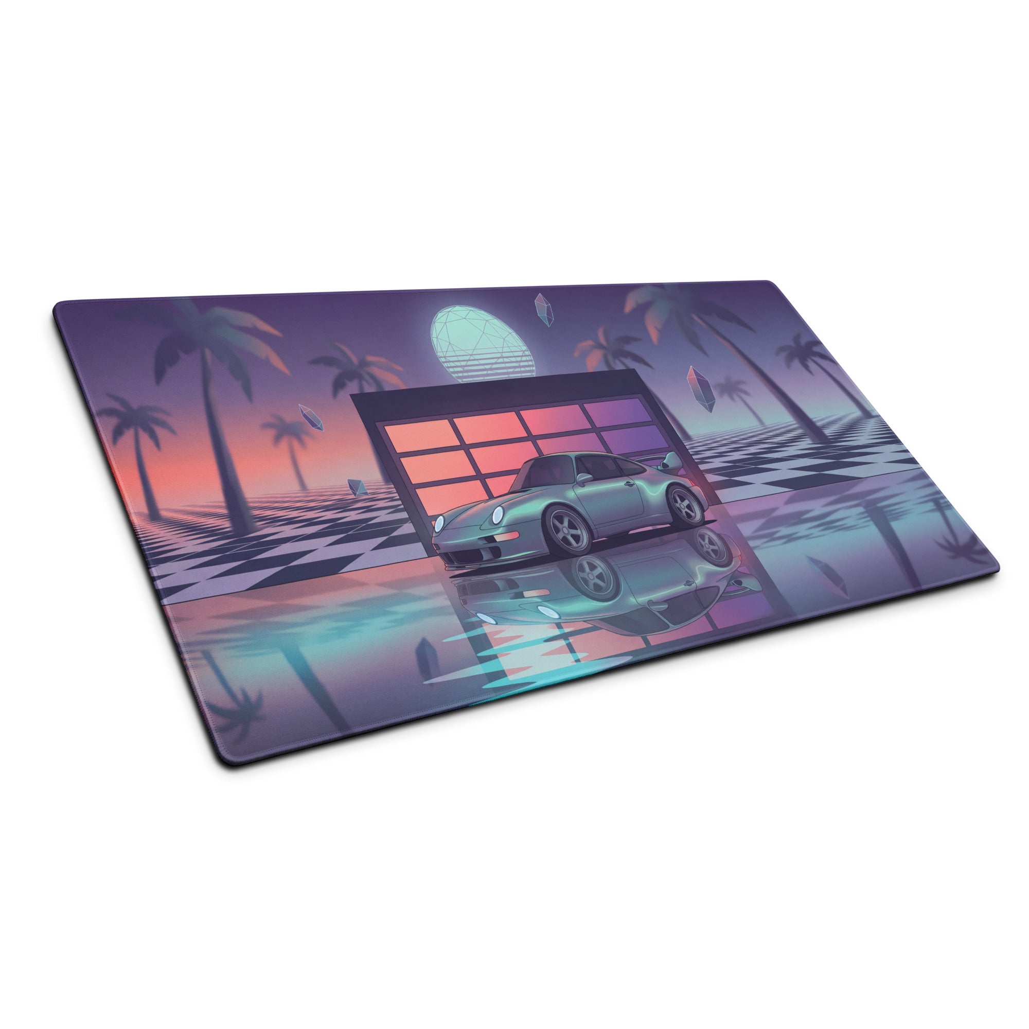 Porsche 911 Carrera 993 Inspired Silver Purple Vaporwave Gaming Mouse Pad, Retro Sports Car Desk Mat with Neon Garage and Palm Tree Artwork