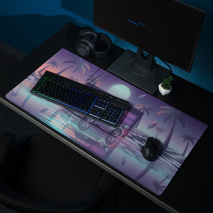 Porsche 911 Carrera 993 Inspired Silver Purple Vaporwave Gaming Mouse Pad, Retro Sports Car Desk Mat with Neon Garage and Palm Tree Artwork