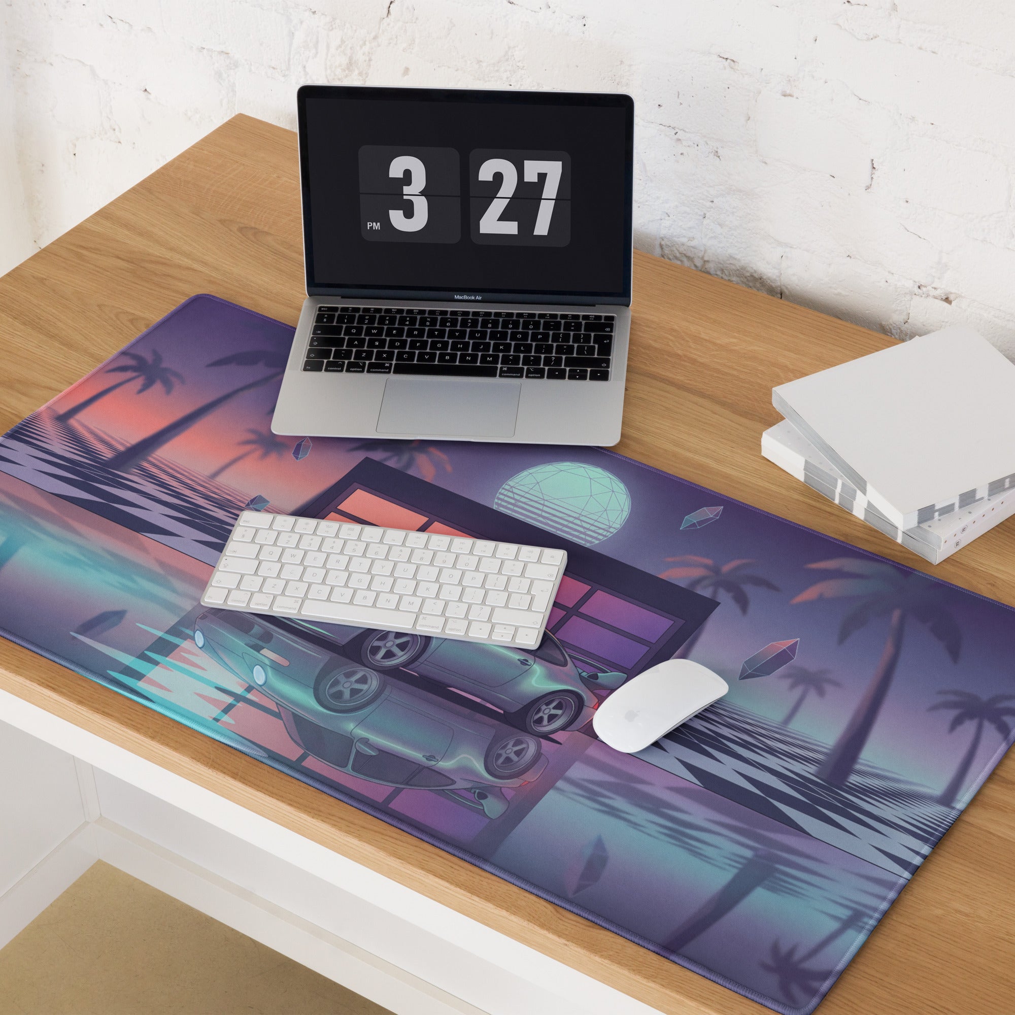 Porsche 911 Carrera 993 Inspired Silver Purple Vaporwave Gaming Mouse Pad, Retro Sports Car Desk Mat with Neon Garage and Palm Tree Artwork