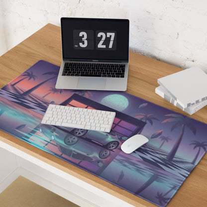 Porsche 911 Carrera 993 Inspired Silver Purple Vaporwave Gaming Mouse Pad, Retro Sports Car Desk Mat with Neon Garage and Palm Tree Artwork