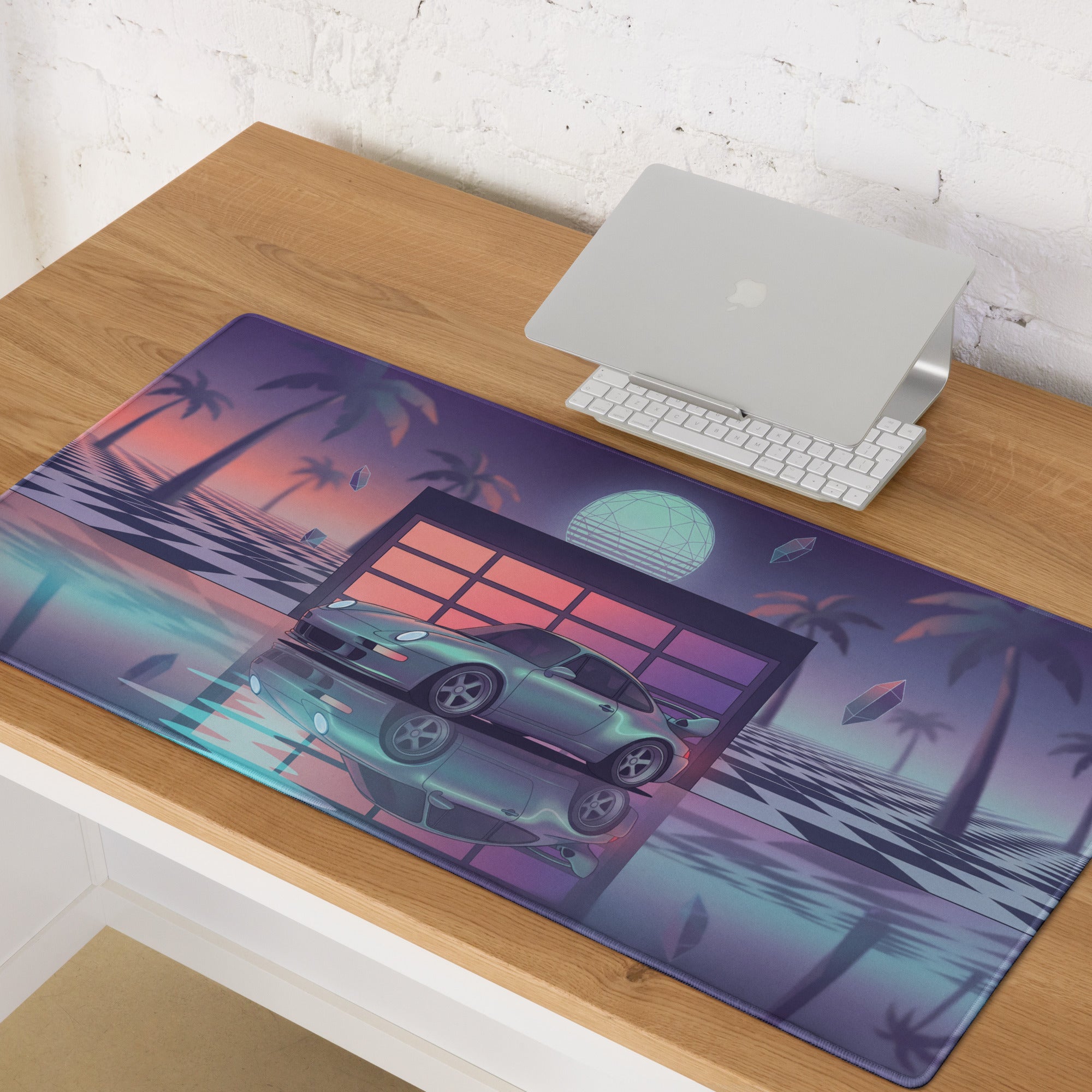 Porsche 911 Carrera 993 Inspired Silver Purple Vaporwave Gaming Mouse Pad, Retro Sports Car Desk Mat with Neon Garage and Palm Tree Artwork