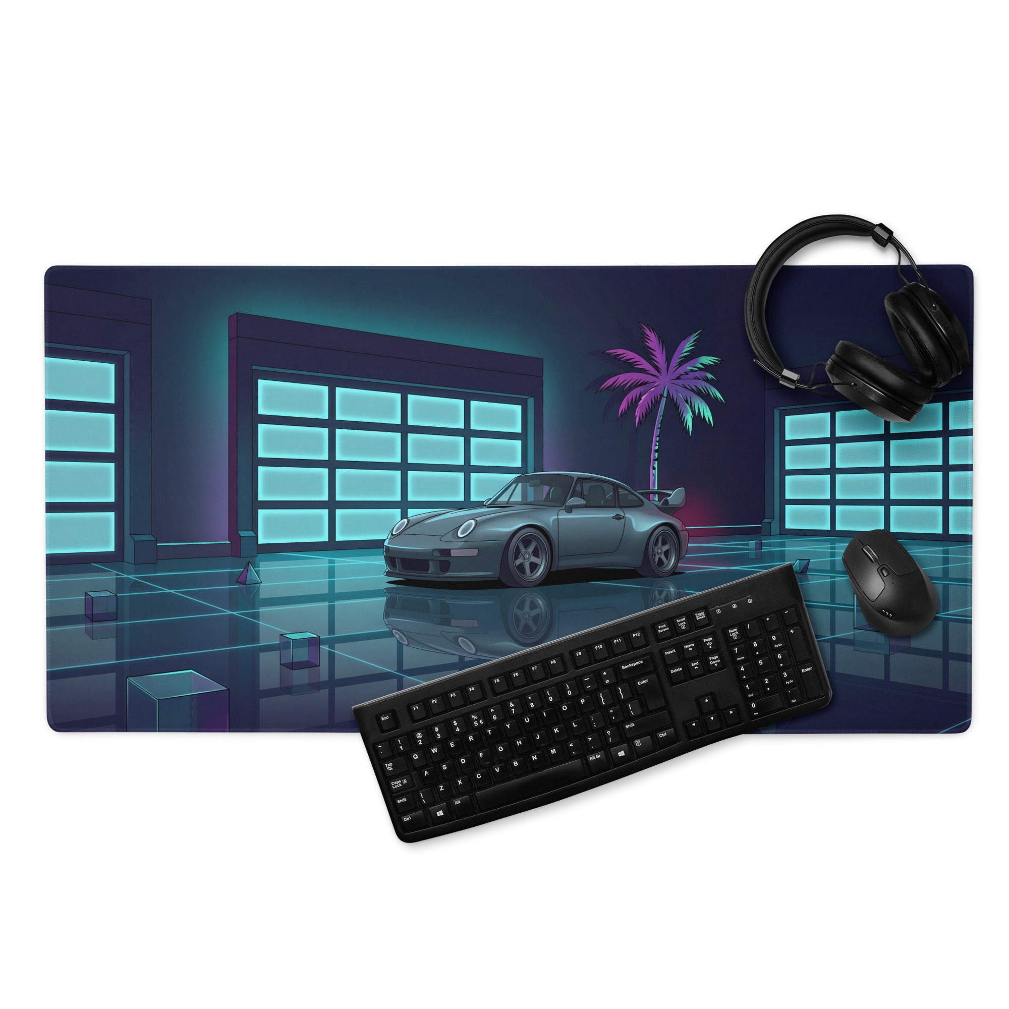 Porsche 911 GT2 996 Inspired Silver Teal Vaporwave Gaming Mouse Pad, Neon Supercar Desk Mat with Retro Futuristic Palm Tree Garage Artwork