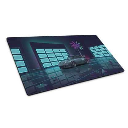 Porsche 911 GT2 996 Inspired Silver Teal Vaporwave Gaming Mouse Pad, Neon Supercar Desk Mat with Retro Futuristic Palm Tree Garage Artwork