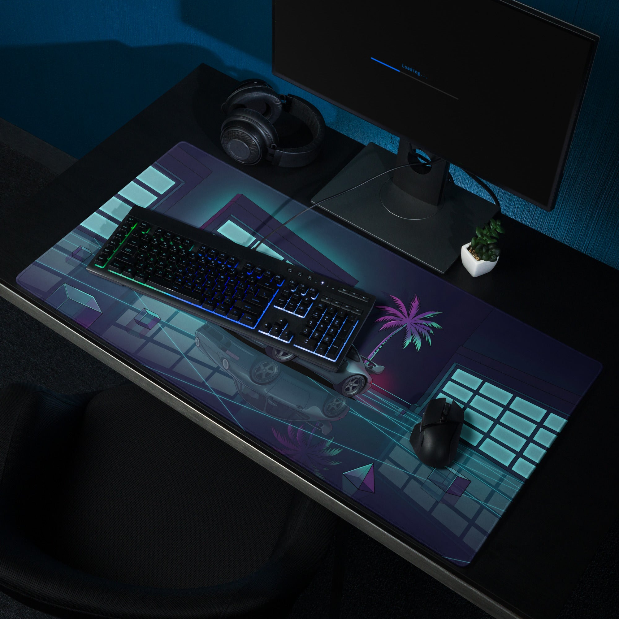 Porsche 911 GT2 996 Inspired Silver Teal Vaporwave Gaming Mouse Pad, Neon Supercar Desk Mat with Retro Futuristic Palm Tree Garage Artwork
