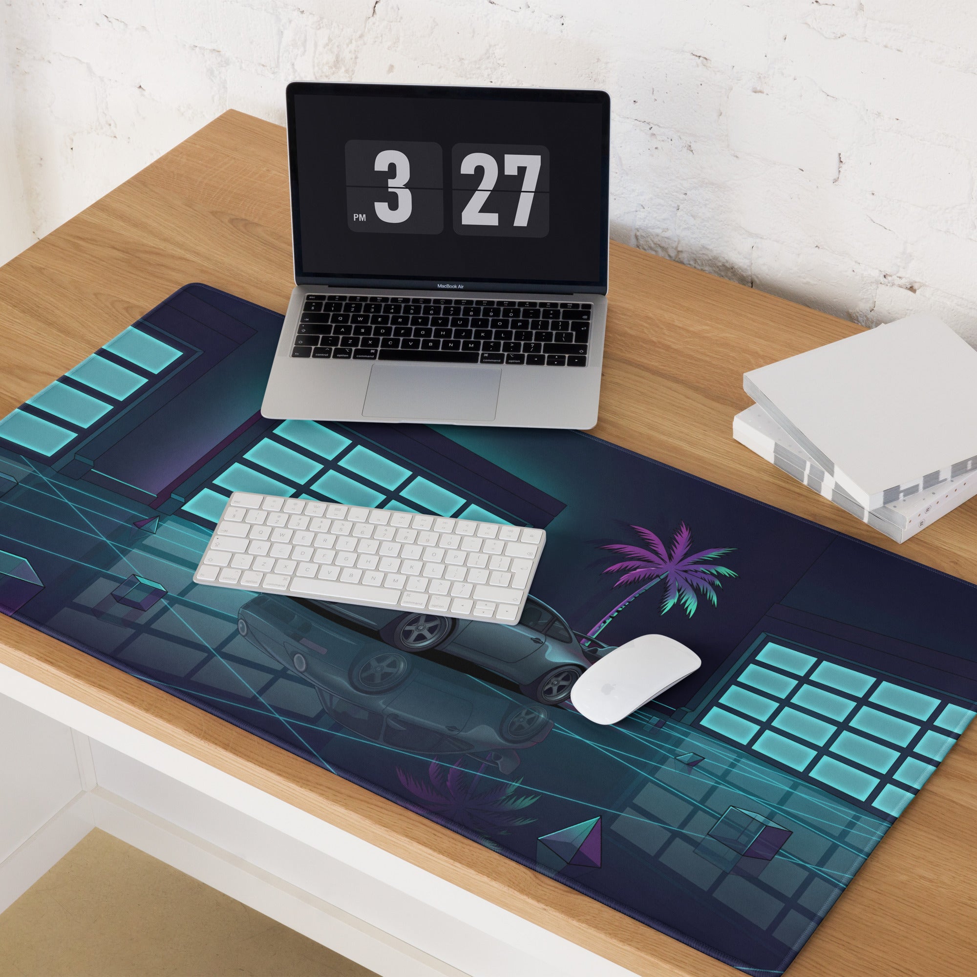 Porsche 911 GT2 996 Inspired Silver Teal Vaporwave Gaming Mouse Pad, Neon Supercar Desk Mat with Retro Futuristic Palm Tree Garage Artwork