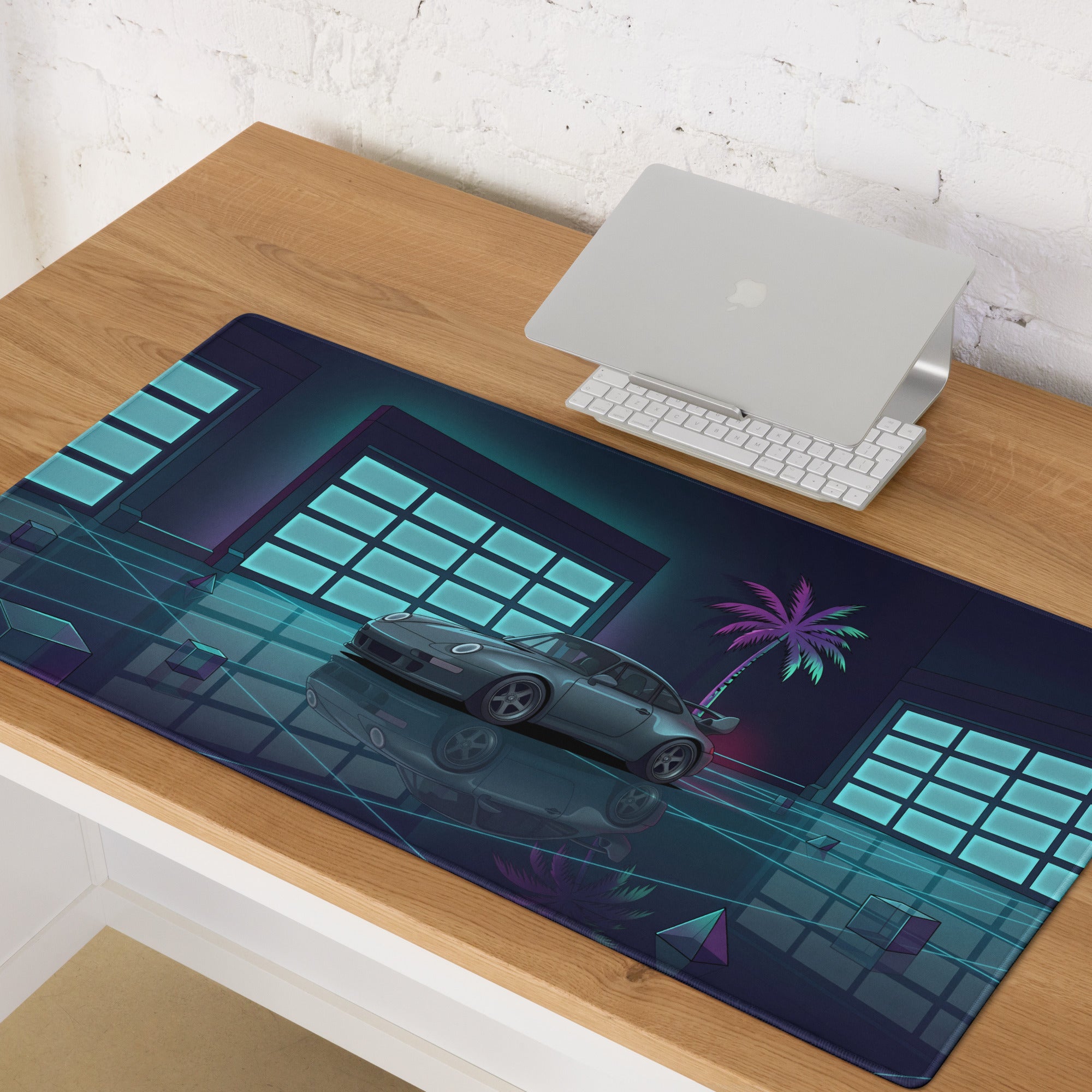Porsche 911 GT2 996 Inspired Silver Teal Vaporwave Gaming Mouse Pad, Neon Supercar Desk Mat with Retro Futuristic Palm Tree Garage Artwork