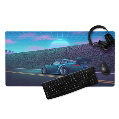 RWB Porsche 911 Inspired Teal Blue Vaporwave Gaming Mouse Pad, Neon Supercar Desk Mat with Retro Futuristic Grid Sunset Artwork