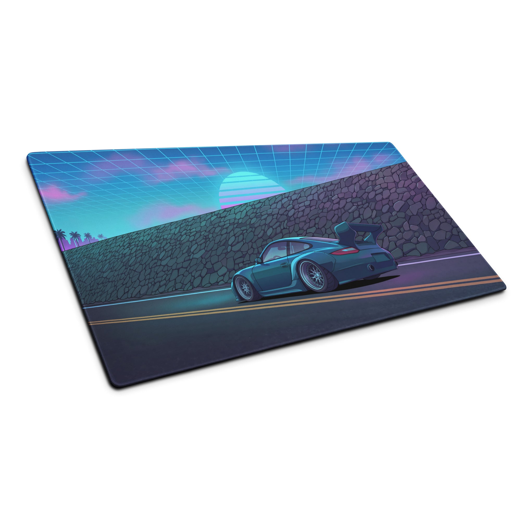 RWB Porsche 911 Inspired Teal Blue Vaporwave Gaming Mouse Pad, Neon Supercar Desk Mat with Retro Futuristic Grid Sunset Artwork
