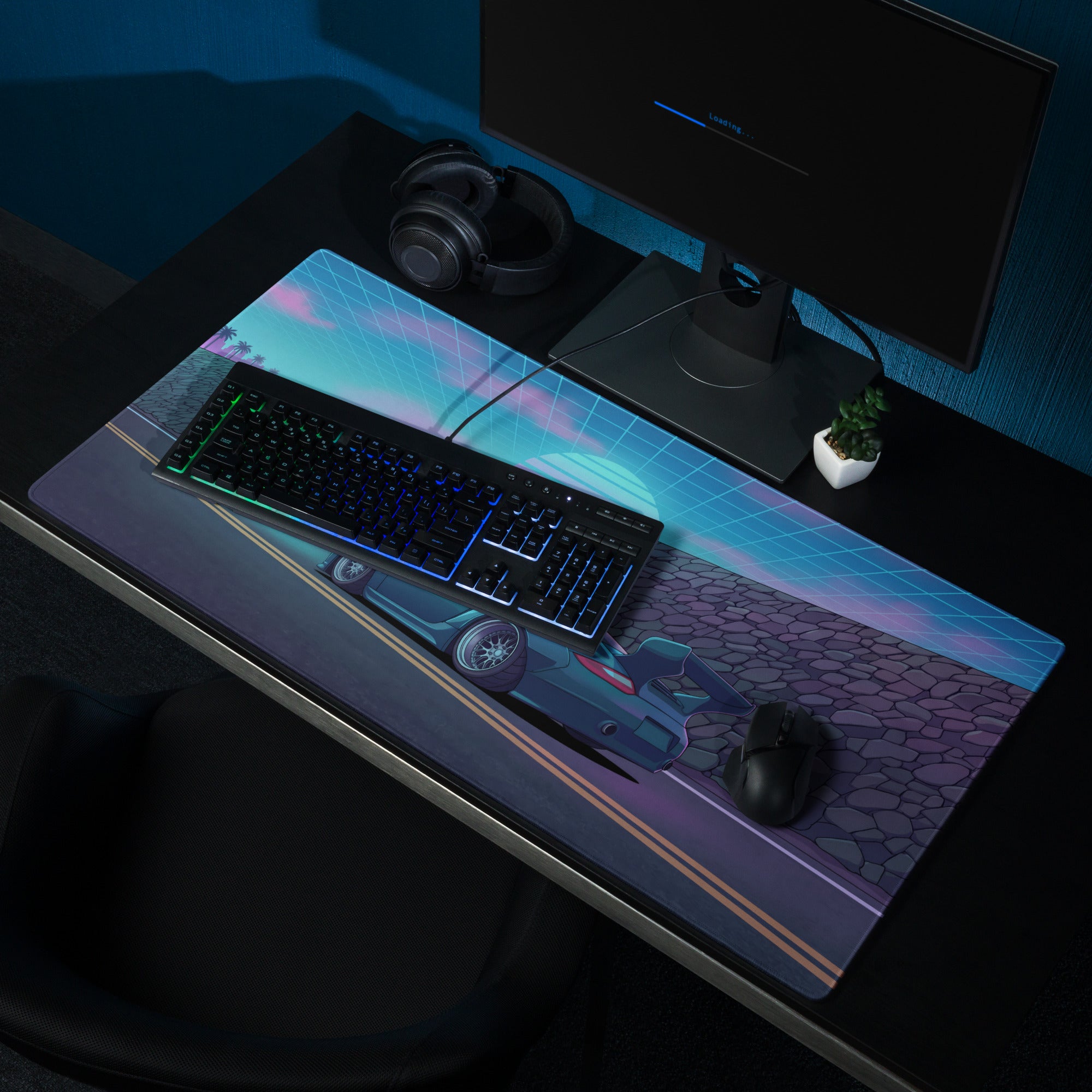 RWB Porsche 911 Inspired Teal Blue Vaporwave Gaming Mouse Pad, Neon Supercar Desk Mat with Retro Futuristic Grid Sunset Artwork