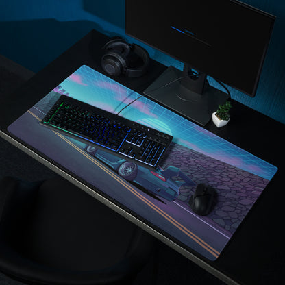 RWB Porsche 911 Inspired Teal Blue Vaporwave Gaming Mouse Pad, Neon Supercar Desk Mat with Retro Futuristic Grid Sunset Artwork