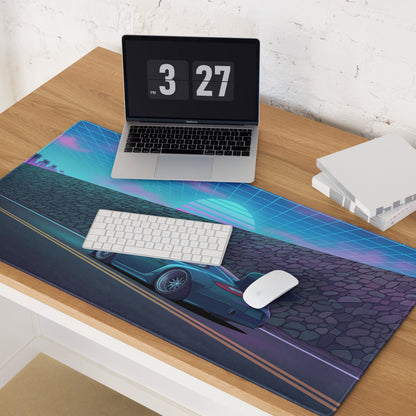 RWB Porsche 911 Inspired Teal Blue Vaporwave Gaming Mouse Pad, Neon Supercar Desk Mat with Retro Futuristic Grid Sunset Artwork