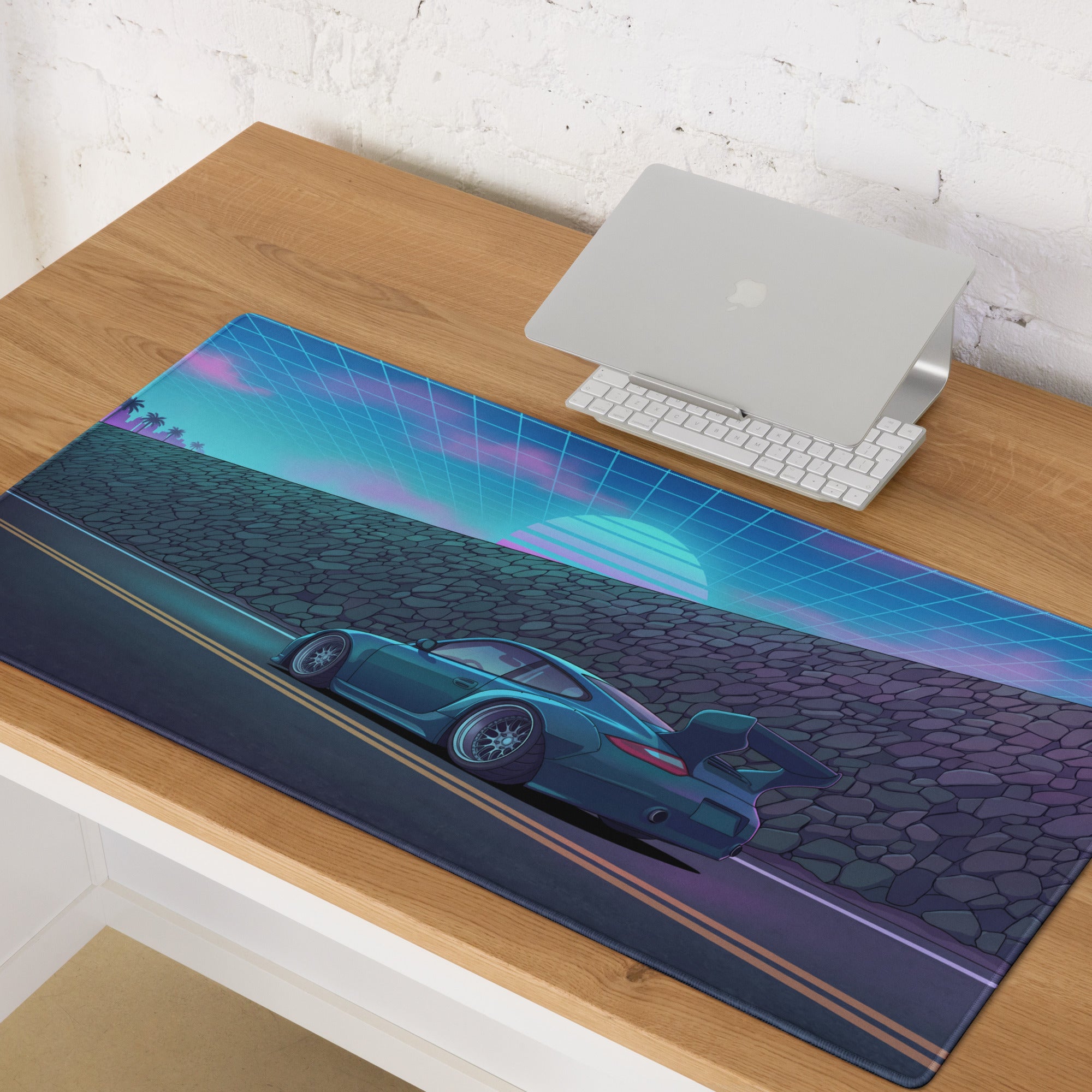 RWB Porsche 911 Inspired Teal Blue Vaporwave Gaming Mouse Pad, Neon Supercar Desk Mat with Retro Futuristic Grid Sunset Artwork