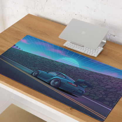RWB Porsche 911 Inspired Teal Blue Vaporwave Gaming Mouse Pad, Neon Supercar Desk Mat with Retro Futuristic Grid Sunset Artwork