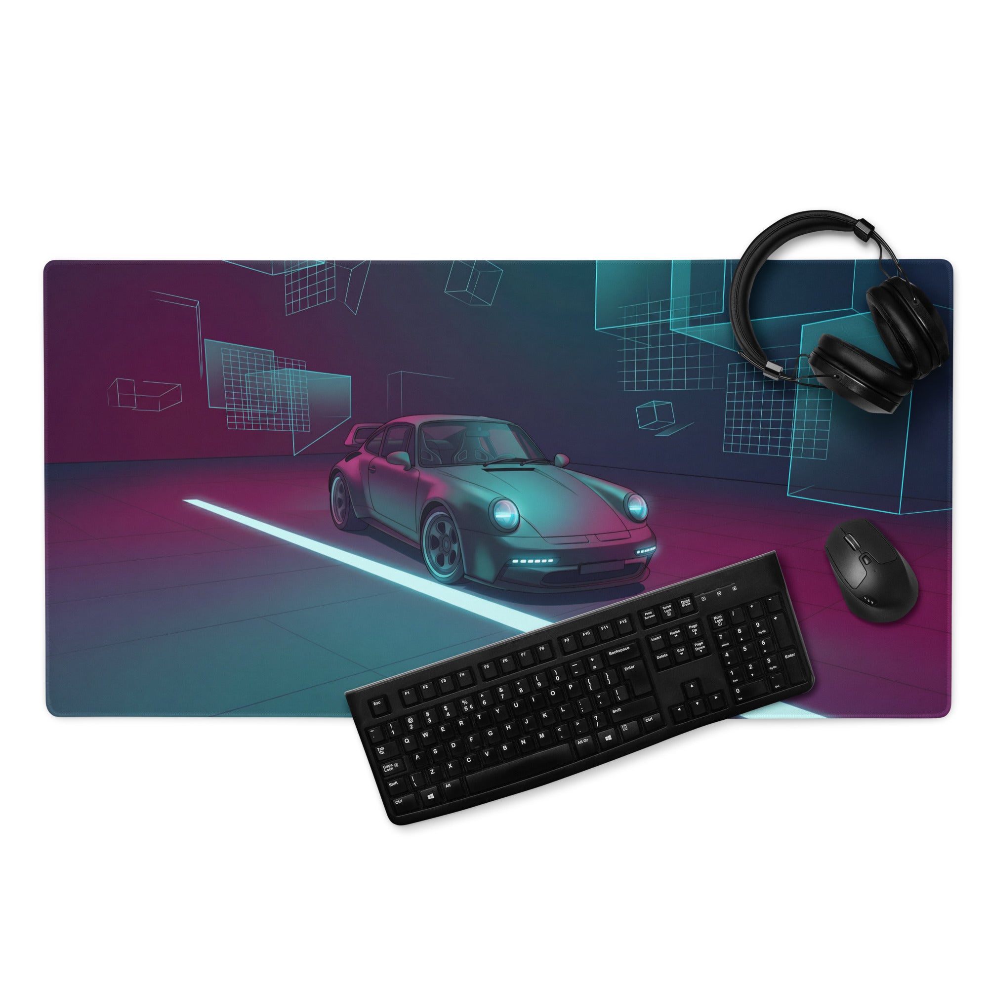 Porsche 911 Turbo 964 Inspired Teal Purple Vaporwave Gaming Mouse Pad, Neon Classic Supercar Desk Mat with Futuristic Geometric Garage Artwork