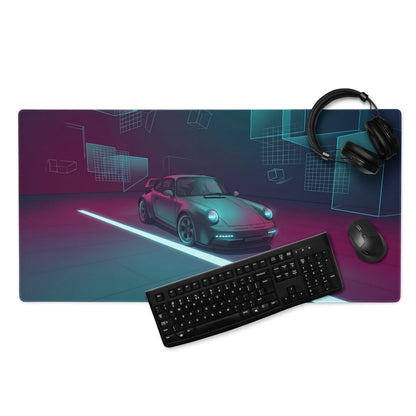 Porsche 911 Turbo 964 Inspired Teal Purple Vaporwave Gaming Mouse Pad, Neon Classic Supercar Desk Mat with Futuristic Geometric Garage Artwork