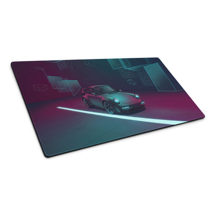 Porsche 911 Turbo 964 Inspired Teal Purple Vaporwave Gaming Mouse Pad, Neon Classic Supercar Desk Mat with Futuristic Geometric Garage Artwork