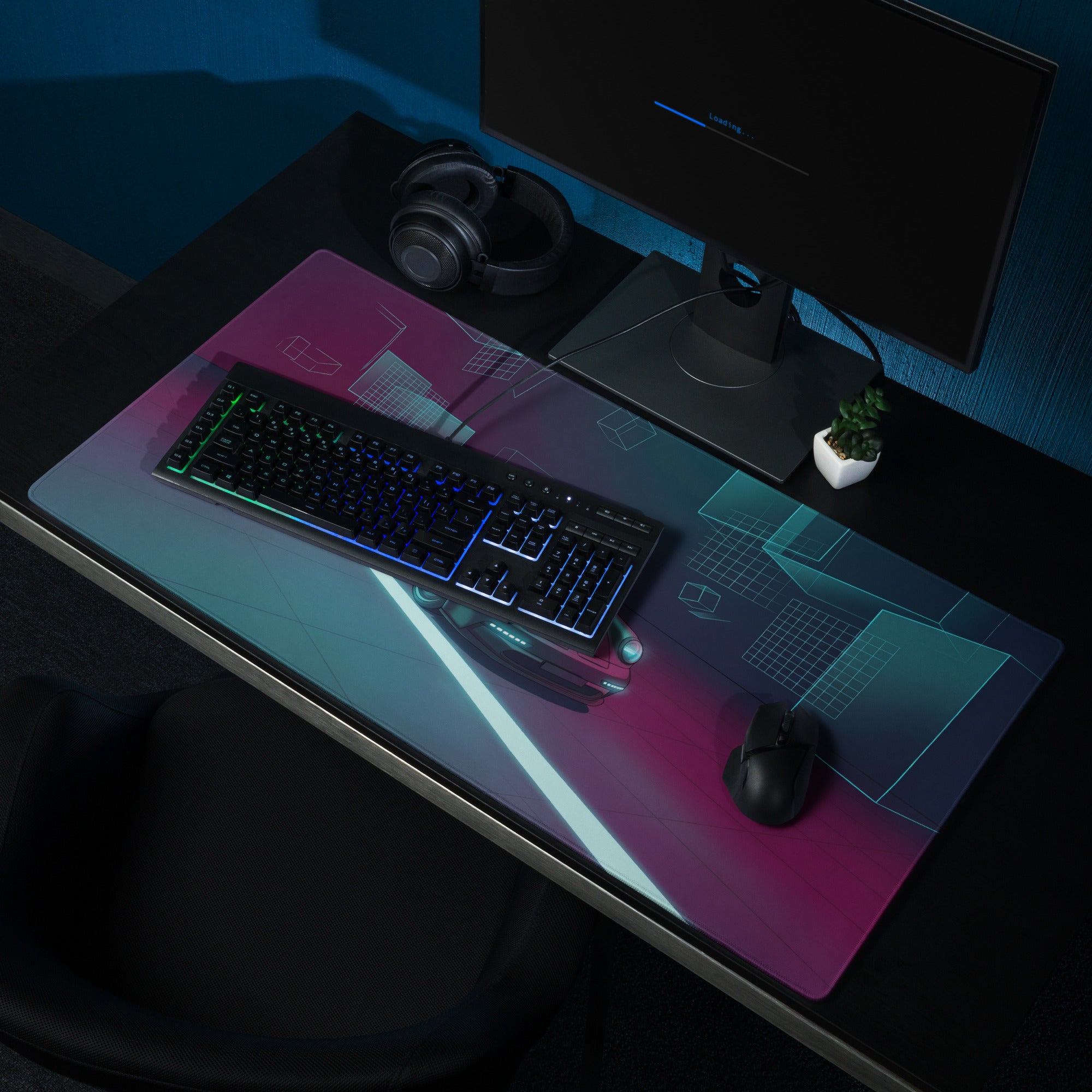 Porsche 911 Turbo 964 Inspired Teal Purple Vaporwave Gaming Mouse Pad, Neon Classic Supercar Desk Mat with Futuristic Geometric Garage Artwork