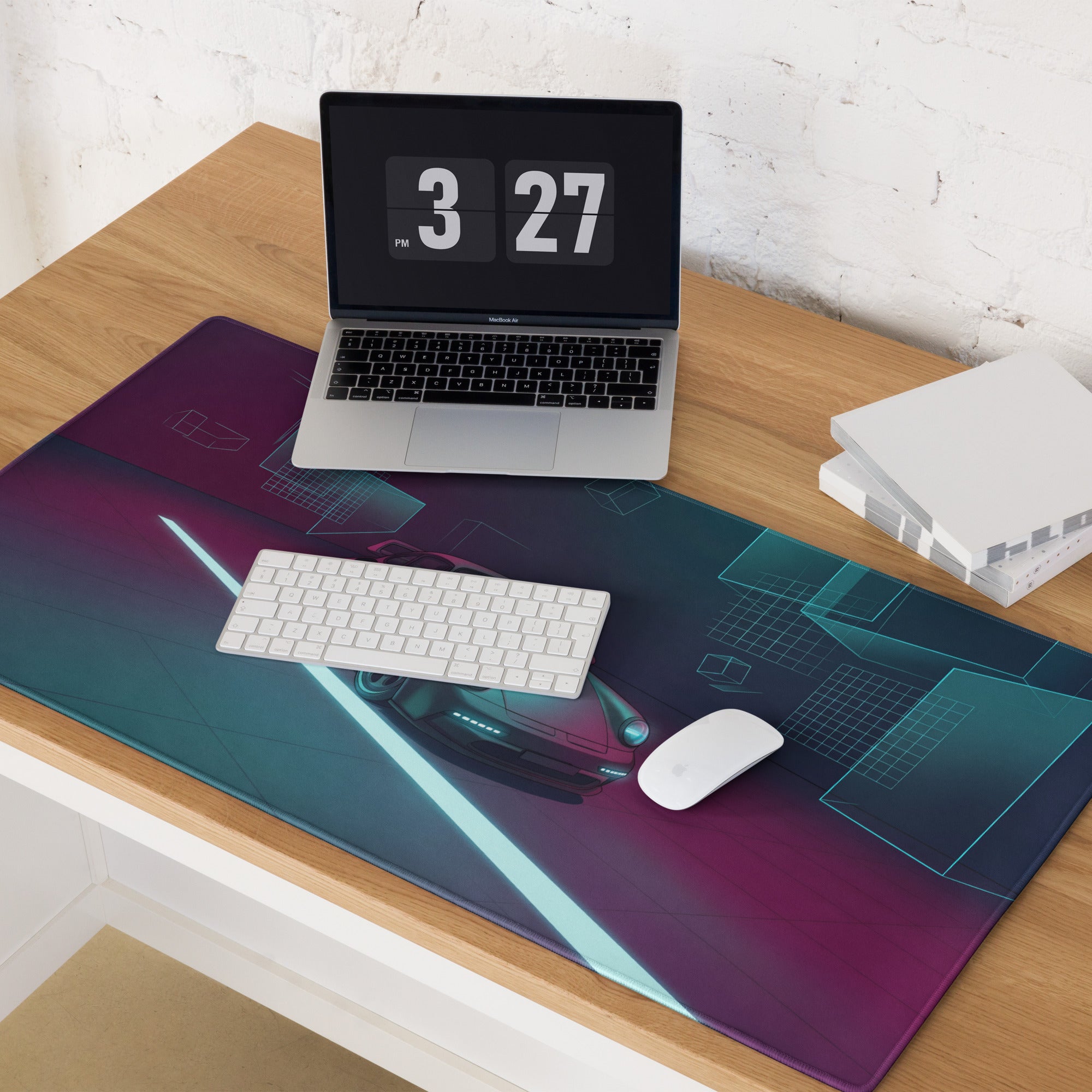 Porsche 911 Turbo 964 Inspired Teal Purple Vaporwave Gaming Mouse Pad, Neon Classic Supercar Desk Mat with Futuristic Geometric Garage Artwork