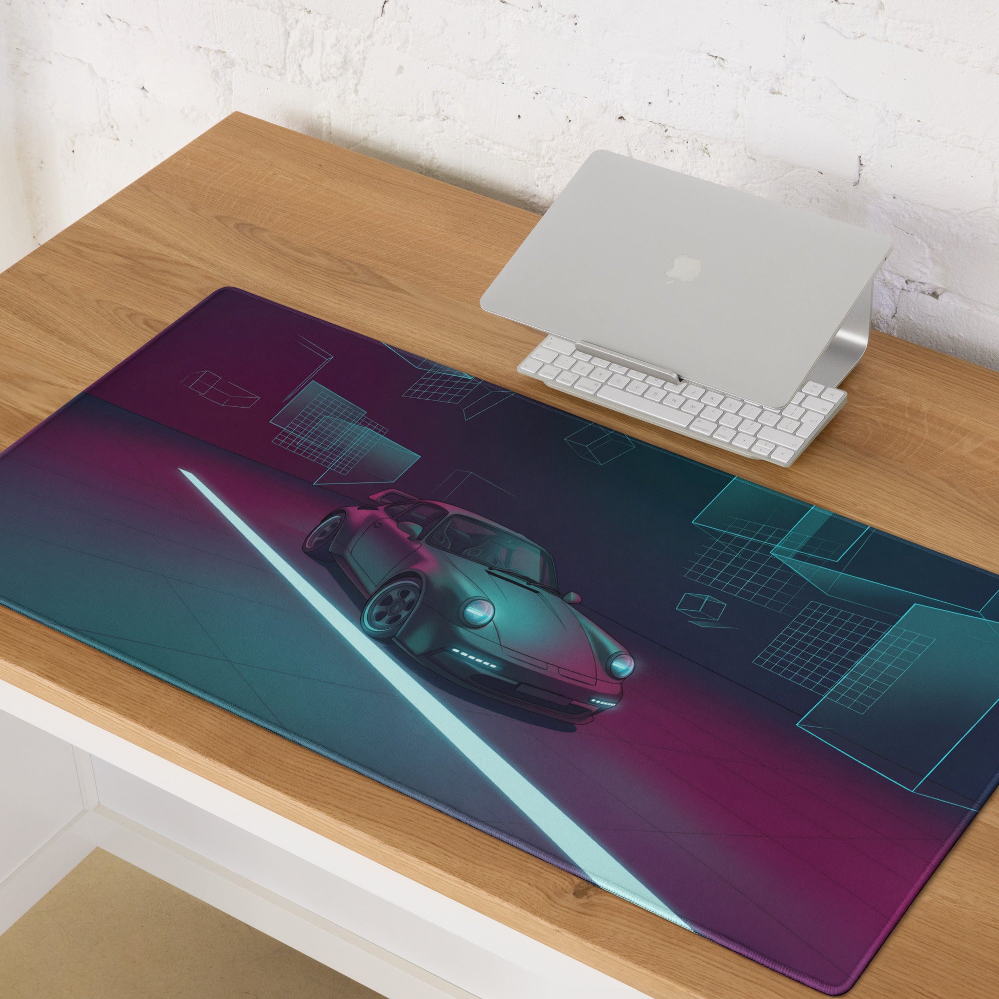 Porsche 911 Turbo 964 Inspired Teal Purple Vaporwave Gaming Mouse Pad, Neon Classic Supercar Desk Mat with Futuristic Geometric Garage Artwork