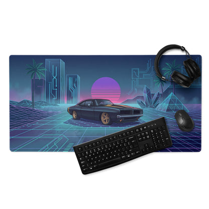 Dodge Charger R/T Inspired Black Blue Vaporwave Gaming Mouse Pad, Retro Muscle Car Desk Mat with Neon Cyberpunk Grid and Futuristic Sunset Artwork