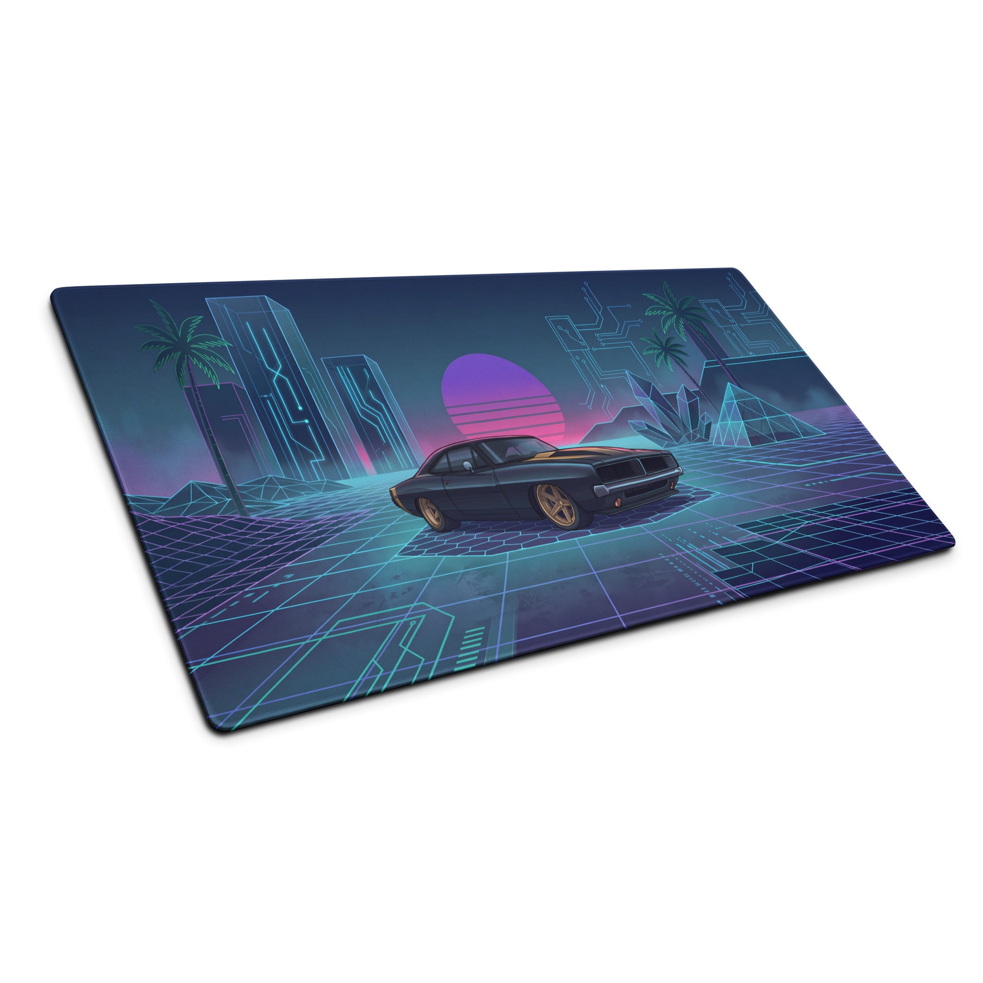 Dodge Charger R/T Inspired Black Blue Vaporwave Gaming Mouse Pad, Retro Muscle Car Desk Mat with Neon Cyberpunk Grid and Futuristic Sunset Artwork