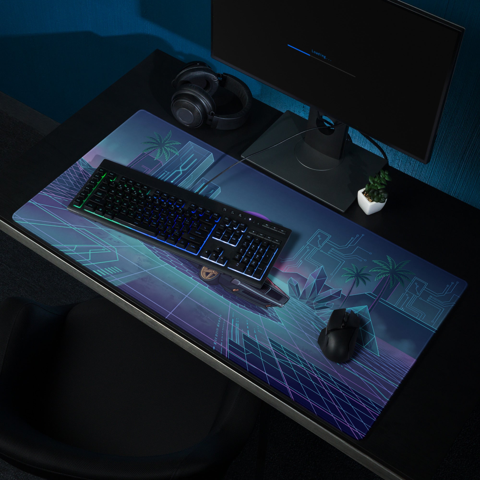 Dodge Charger R/T Inspired Black Blue Vaporwave Gaming Mouse Pad, Retro Muscle Car Desk Mat with Neon Cyberpunk Grid and Futuristic Sunset Artwork