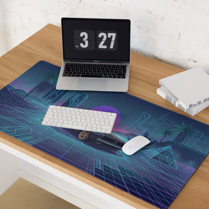 Dodge Charger R/T Inspired Black Blue Vaporwave Gaming Mouse Pad, Retro Muscle Car Desk Mat with Neon Cyberpunk Grid and Futuristic Sunset Artwork