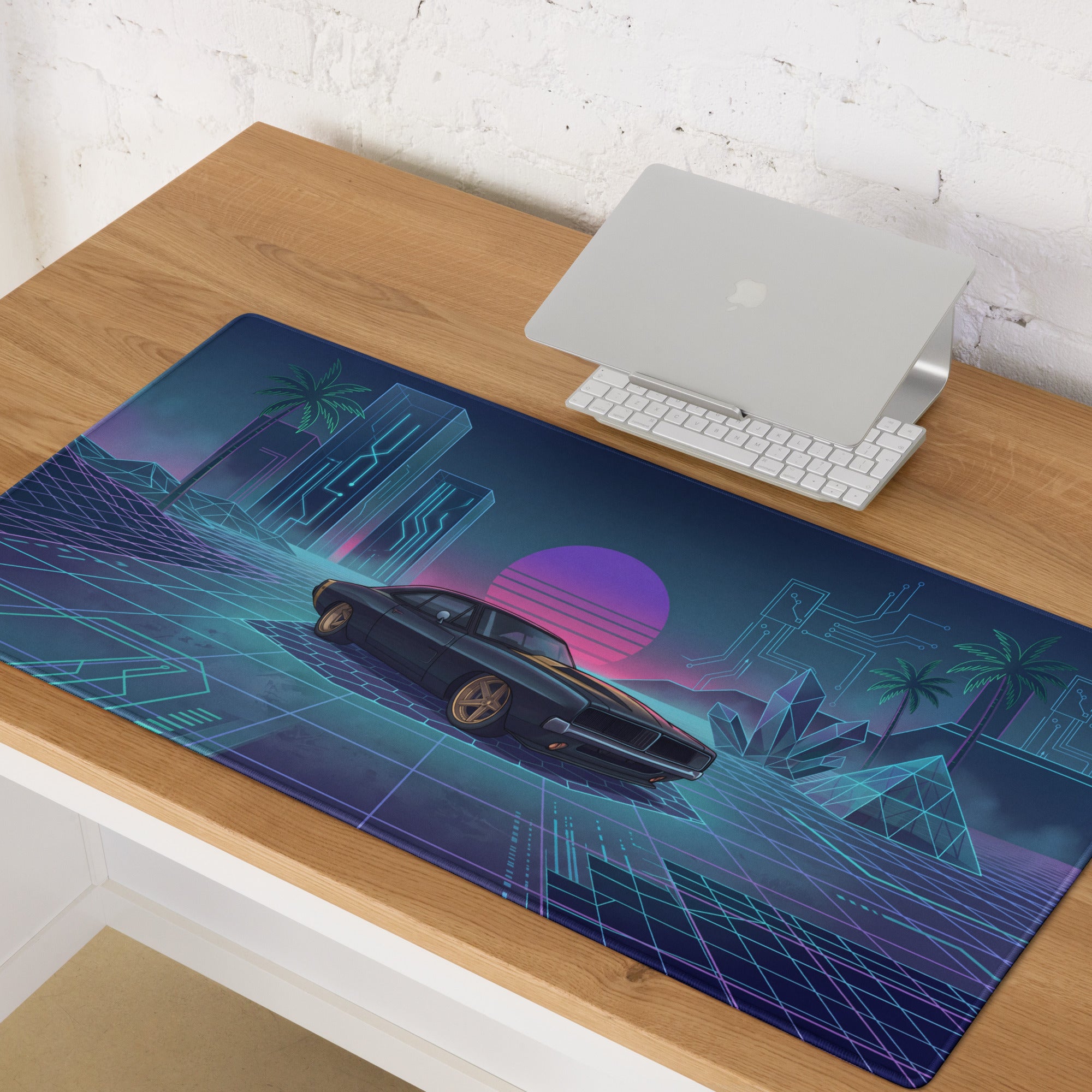 Dodge Charger R/T Inspired Black Blue Vaporwave Gaming Mouse Pad, Retro Muscle Car Desk Mat with Neon Cyberpunk Grid and Futuristic Sunset Artwork