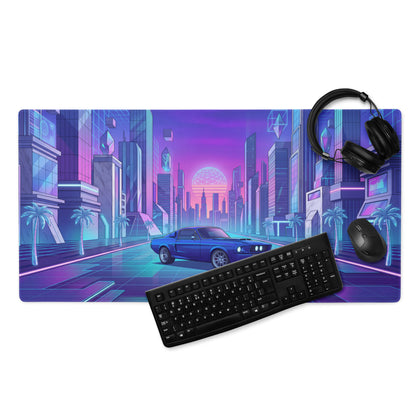 Ford Mustang Boss 302 Inspired Blue Purple Vaporwave Gaming Mouse Pad, Retro Muscle Car Desk Mat with Neon Futuristic City Artwork