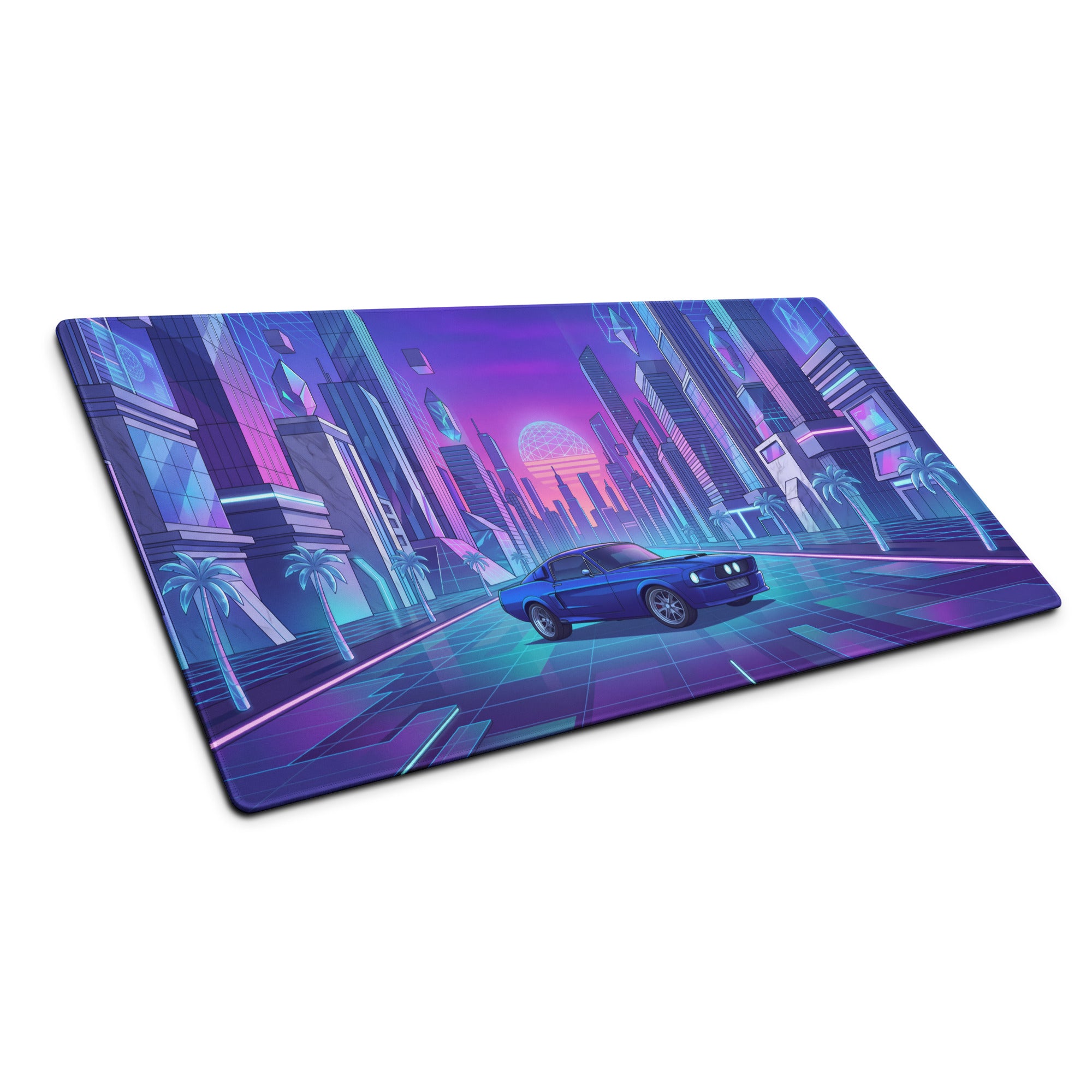 Ford Mustang Boss 302 Inspired Blue Purple Vaporwave Gaming Mouse Pad, Retro Muscle Car Desk Mat with Neon Futuristic City Artwork