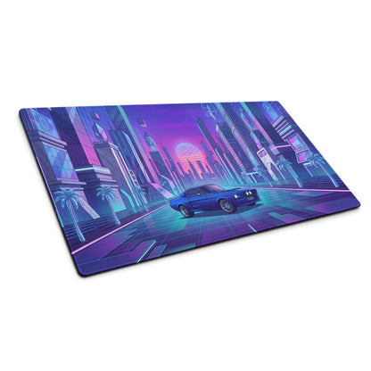 Ford Mustang Boss 302 Inspired Blue Purple Vaporwave Gaming Mouse Pad, Retro Muscle Car Desk Mat with Neon Futuristic City Artwork