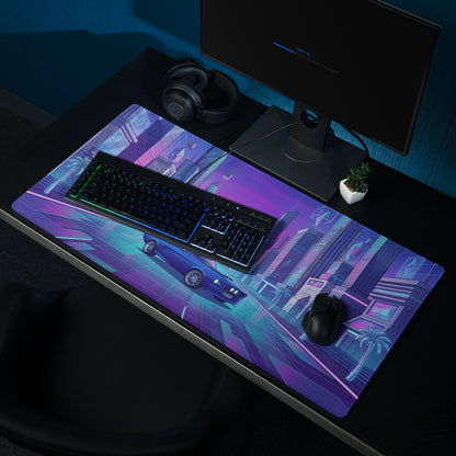 Ford Mustang Boss 302 Inspired Blue Purple Vaporwave Gaming Mouse Pad, Retro Muscle Car Desk Mat with Neon Futuristic City Artwork