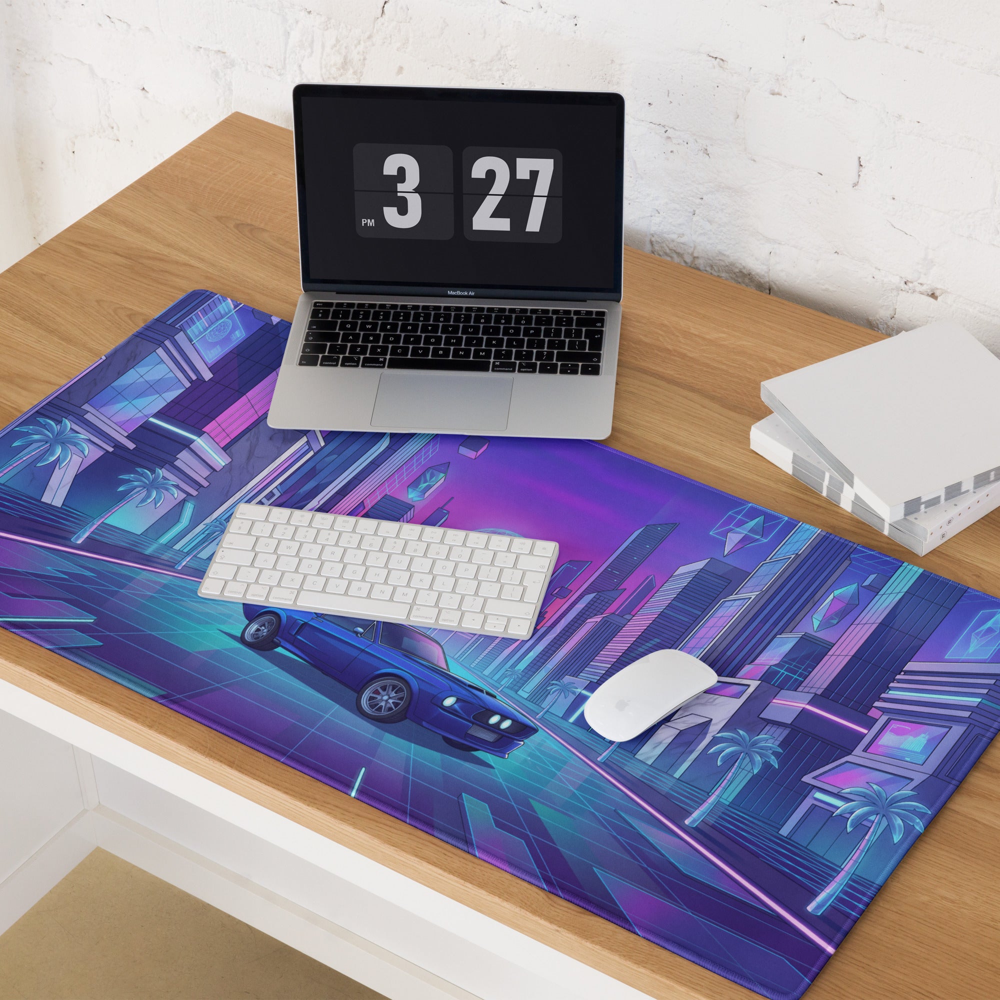 Ford Mustang Boss 302 Inspired Blue Purple Vaporwave Gaming Mouse Pad, Retro Muscle Car Desk Mat with Neon Futuristic City Artwork