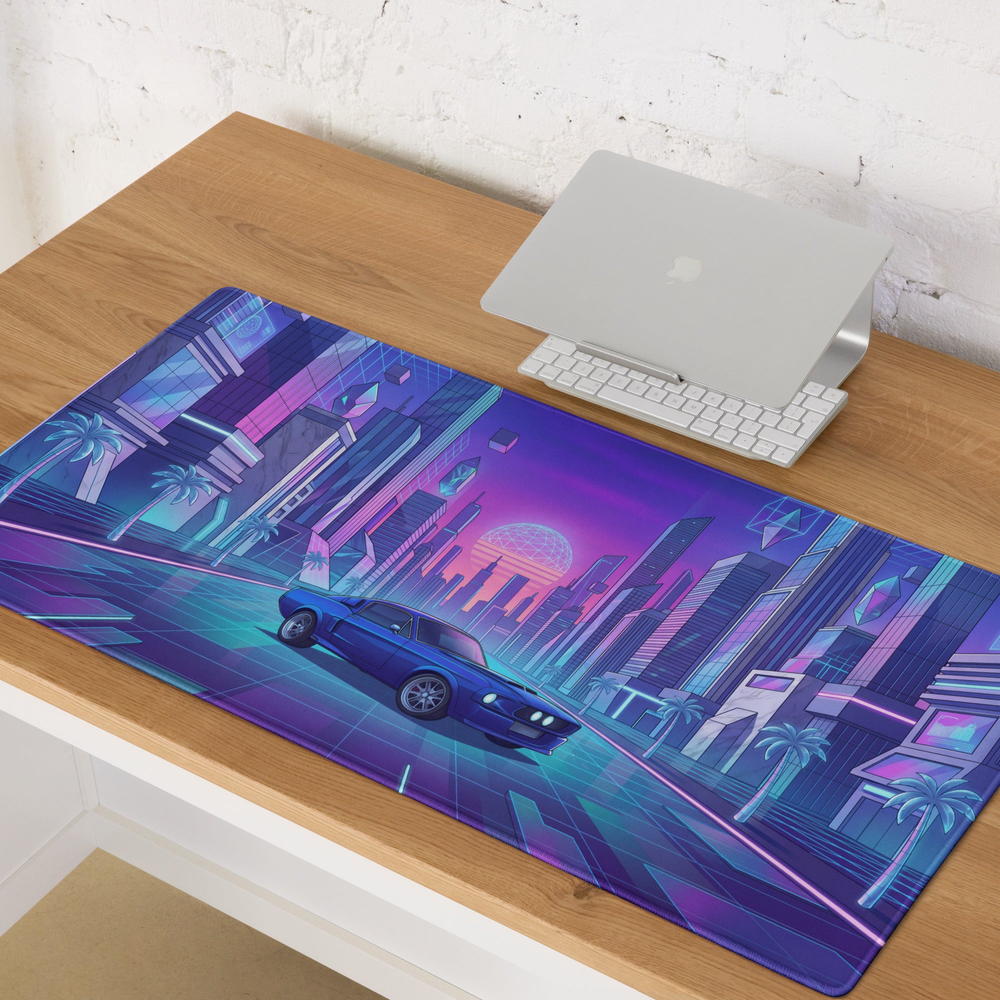 Ford Mustang Boss 302 Inspired Blue Purple Vaporwave Gaming Mouse Pad, Retro Muscle Car Desk Mat with Neon Futuristic City Artwork