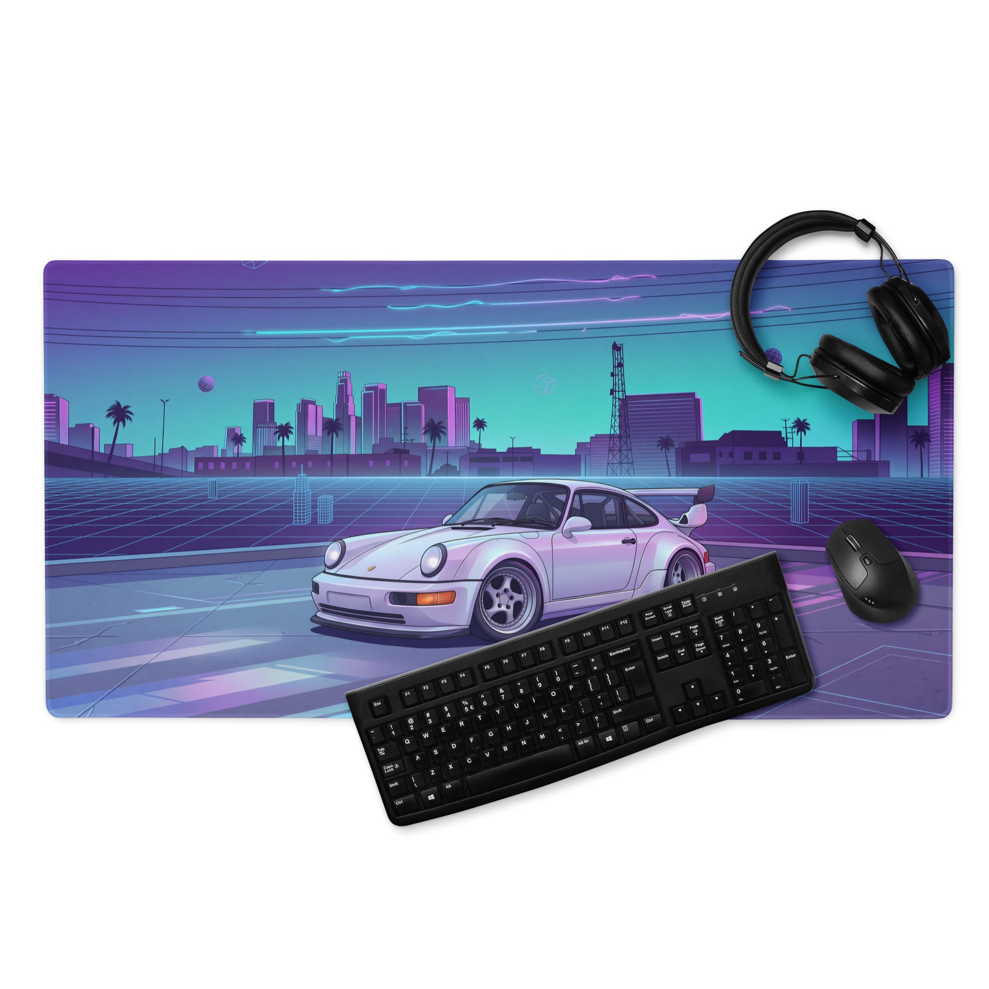Porsche 911 Turbo 964 Inspired White Purple Vaporwave Gaming Mouse Pad, Retro Supercar Desk Mat with Neon Futuristic City Artwork