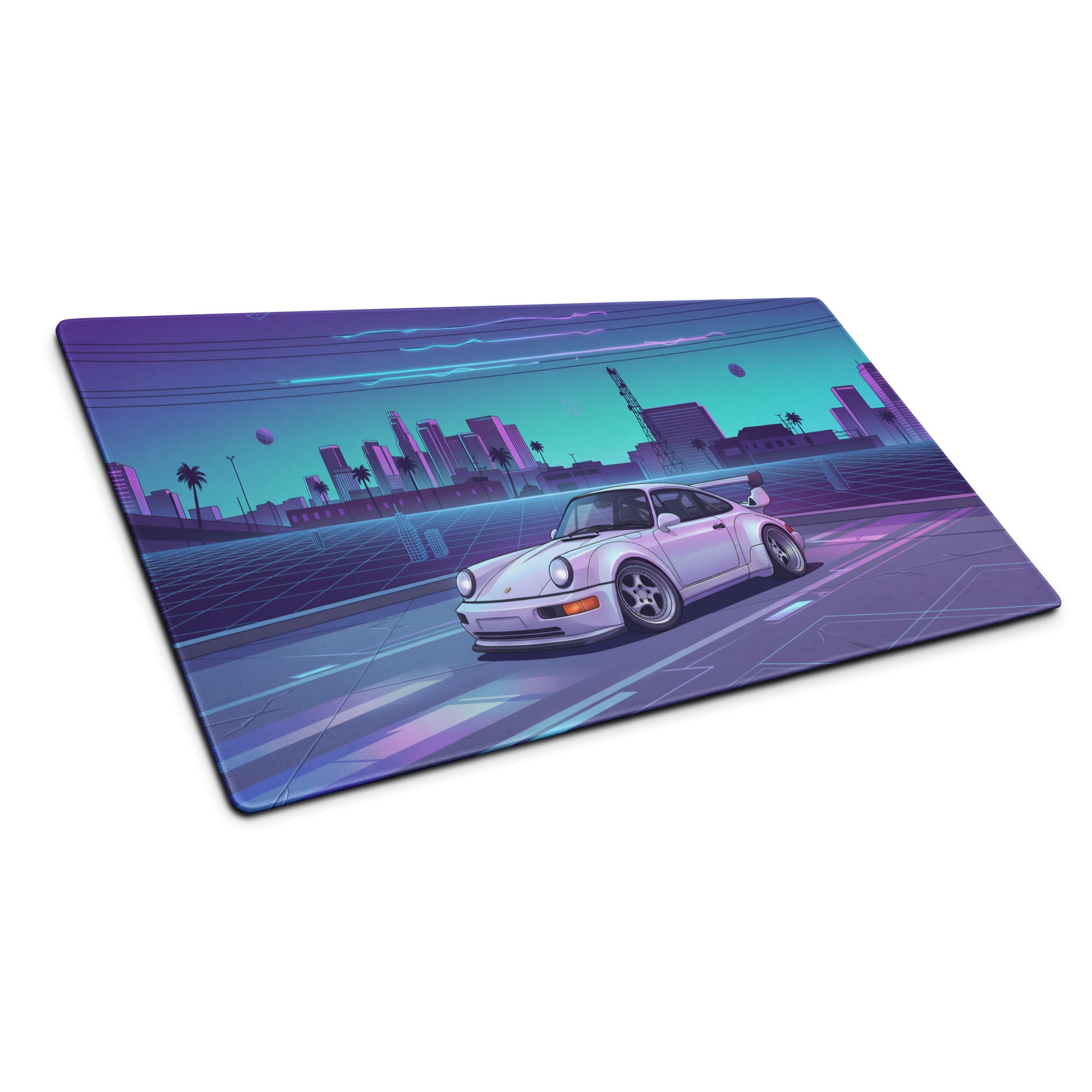 Porsche 911 Turbo 964 Inspired White Purple Vaporwave Gaming Mouse Pad, Retro Supercar Desk Mat with Neon Futuristic City Artwork