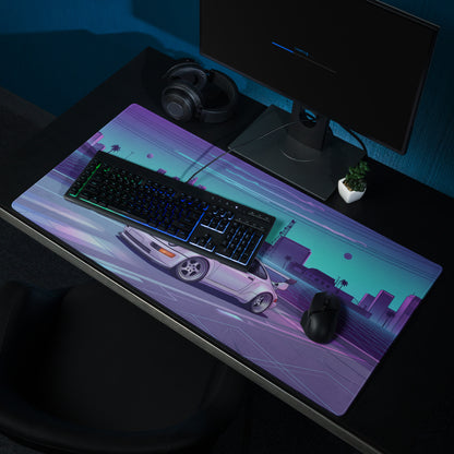 Porsche 911 Turbo 964 Inspired White Purple Vaporwave Gaming Mouse Pad, Retro Supercar Desk Mat with Neon Futuristic City Artwork