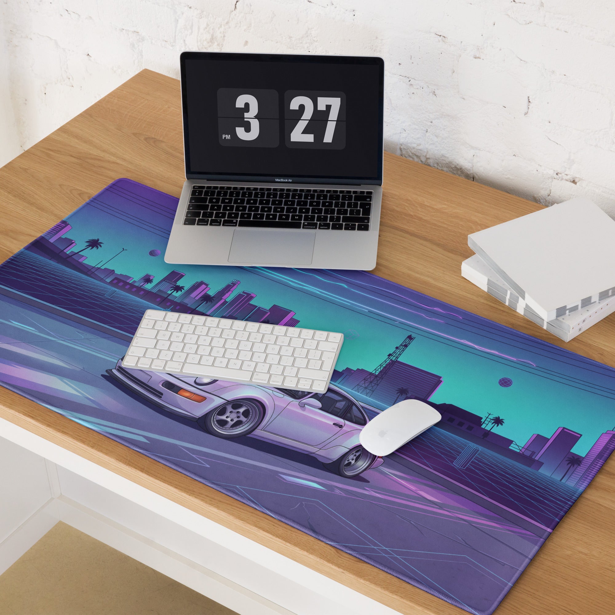 Porsche 911 Turbo 964 Inspired White Purple Vaporwave Gaming Mouse Pad, Retro Supercar Desk Mat with Neon Futuristic City Artwork