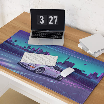 Porsche 911 Turbo 964 Inspired White Purple Vaporwave Gaming Mouse Pad, Retro Supercar Desk Mat with Neon Futuristic City Artwork