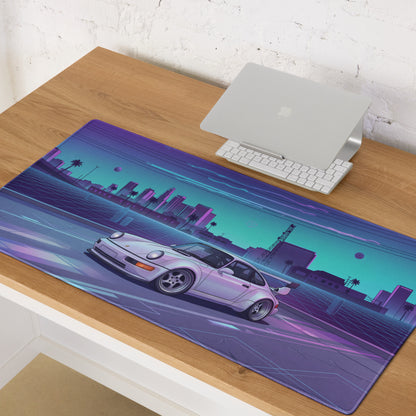 Porsche 911 Turbo 964 Inspired White Purple Vaporwave Gaming Mouse Pad, Retro Supercar Desk Mat with Neon Futuristic City Artwork