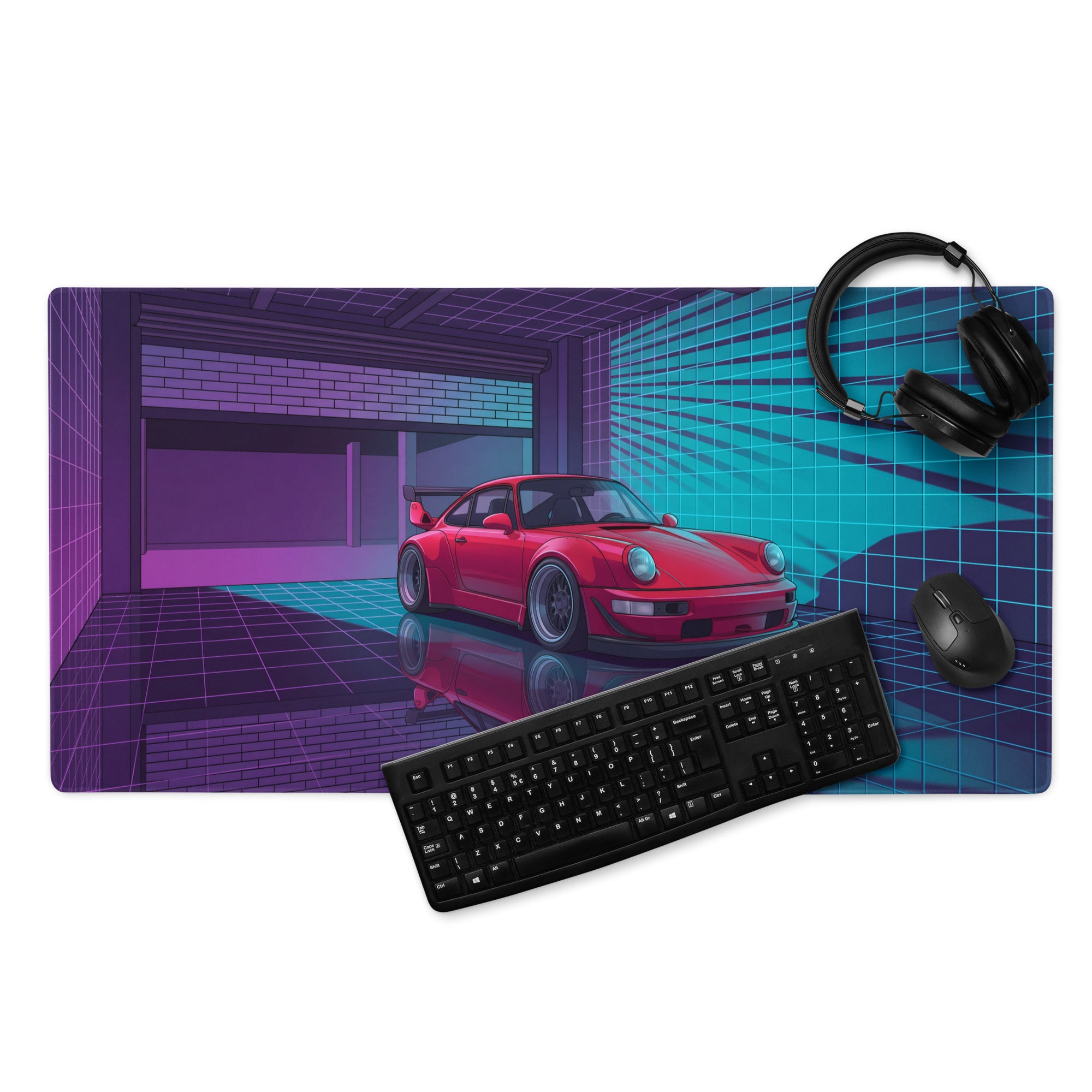Porsche 911 Turbo 964 Inspired Red Blue Vaporwave Gaming Mouse Pad, Neon Classic Supercar Desk Mat with Retro Futuristic Grid Garage Artwork